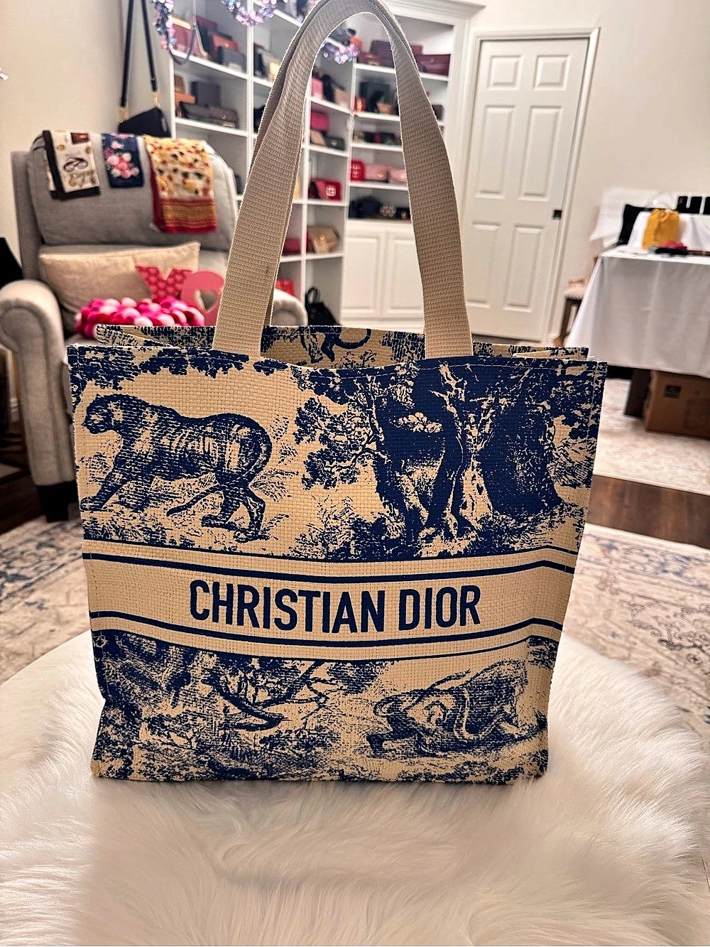Christian Dior Dioriviera Toile de Jouy StrawTote Animal Print Blue & Beige GWP